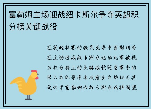 富勒姆主场迎战纽卡斯尔争夺英超积分榜关键战役
